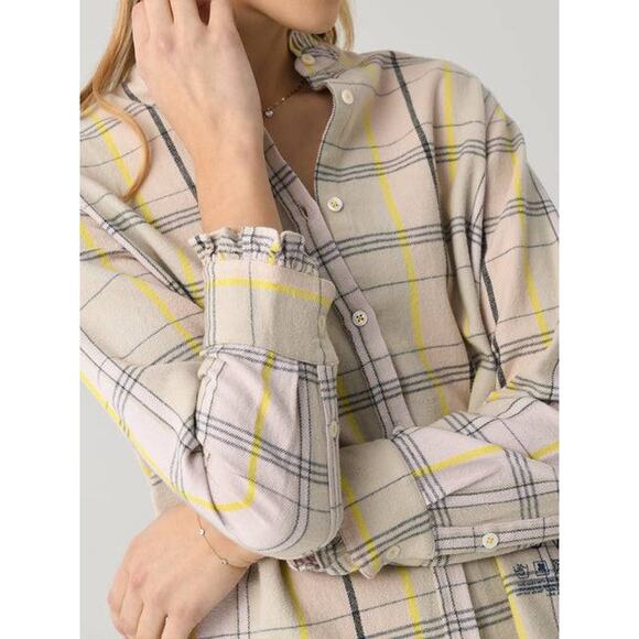 Kerri Rosenthal Mia Cabin Plaid Ruffle Shirt in Light Taupe Multi S - Picture 3 of 5